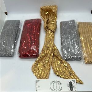 New 5 pieces, HI-party Scarf’s Gold, Silver,Red
2.5 inch.Wide X 51 inch. Long